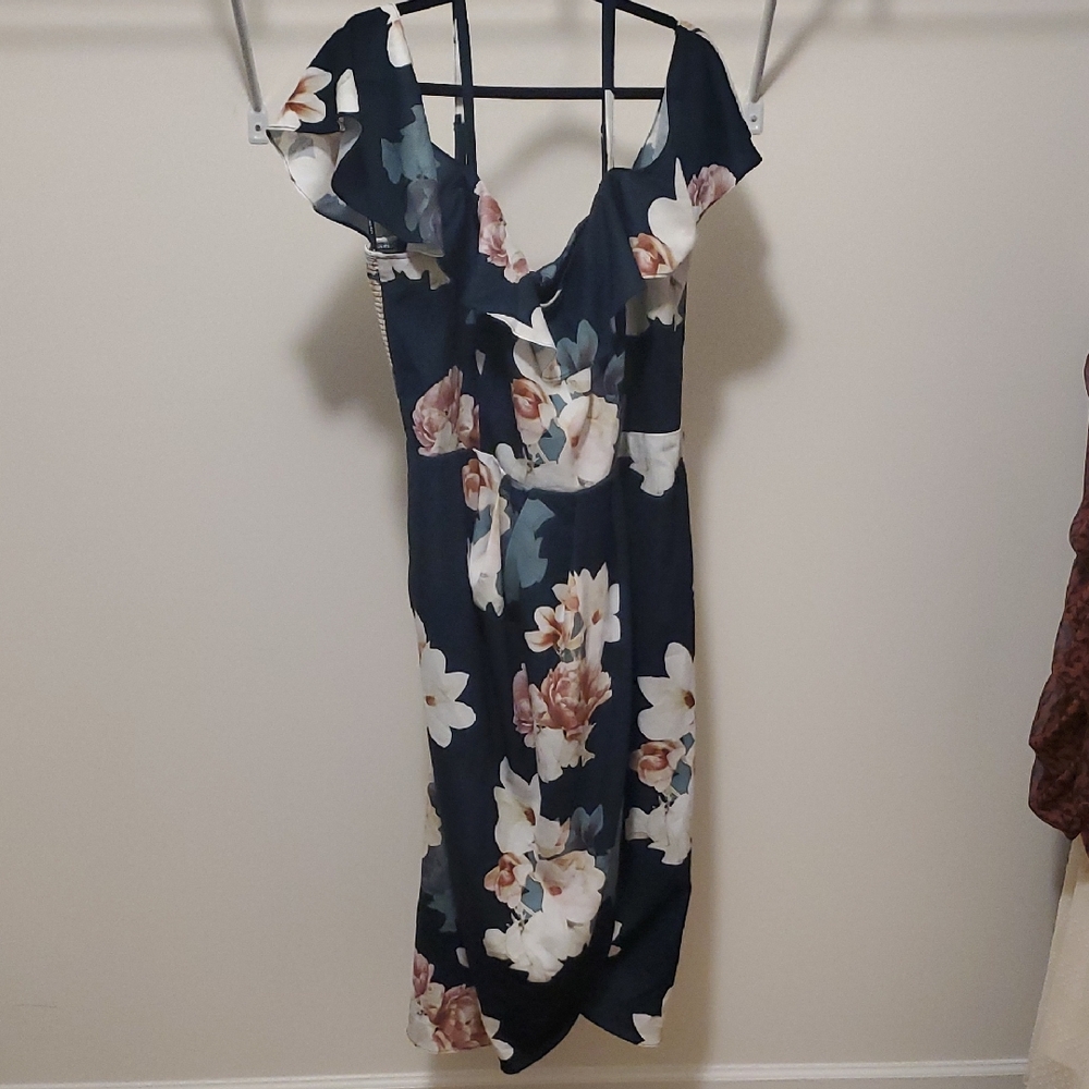 City Chic Asymmetrical Floral Dress in Emerald and White